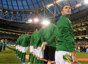 6 September 2013; The Republic of Ireland team stand for the National Anthem. 2014 FIFA World Cup Qualifier. 2014 FIFA World Cup Qualifier, Group C, Republic of Ireland v Sweden, Aviva Stadium, Lansdowne Road, Dublin. Picture credit: David Maher / SPORTSFILE