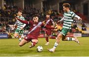22 October 2023; Naj Razi of Shamrock Rovers in action against Evan Weir of Drogheda United during the SSE Airtricity Men's Premier Division match between Shamrock Rovers and Drogheda United at Tallaght Stadium in Dublin. Photo by Stephen McCarthy/Sportsfile