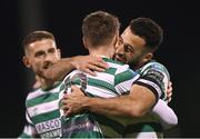 22 October 2023; Roberto Lopes, right, celebrates with his Shamrock Rovers team-mate Markus Poom, who scored their fifth goal, during the SSE Airtricity Men's Premier Division match between Shamrock Rovers and Drogheda United at Tallaght Stadium in Dublin. Photo by Stephen McCarthy/Sportsfile