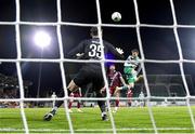 22 October 2023; Markus Poom of Shamrock Rovers heads his side's fifth goal past Drogheda United goalkeeper Andrew Wogan during the SSE Airtricity Men's Premier Division match between Shamrock Rovers and Drogheda United at Tallaght Stadium in Dublin. Photo by Stephen McCarthy/Sportsfile