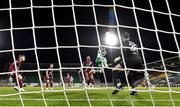 22 October 2023; Markus Poom of Shamrock Rovers heads his side's fifth goal past Drogheda United goalkeeper Andrew Wogan during the SSE Airtricity Men's Premier Division match between Shamrock Rovers and Drogheda United at Tallaght Stadium in Dublin. Photo by Stephen McCarthy/Sportsfile