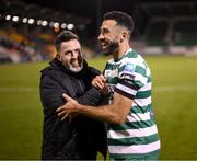 22 October 2023; Shamrock Rovers manager Stephen Bradley and Roberto Lopes celebrate after the SSE Airtricity Men's Premier Division match between Shamrock Rovers and Drogheda United at Tallaght Stadium in Dublin. Photo by Stephen McCarthy/Sportsfile