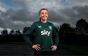 23 October 2023; Abbie Larkin poses for a portrait during a Republic of Ireland women media conference at Castleknock Hotel in Dublin. Photo by Stephen McCarthy/Sportsfile