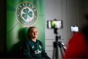 23 October 2023; Izzy Atkinson speaks to digital media during a Republic of Ireland women media conference at Castleknock Hotel in Dublin. Photo by Stephen McCarthy/Sportsfile