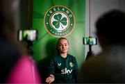 23 October 2023; Izzy Atkinson speaks to digital media during a Republic of Ireland women media conference at Castleknock Hotel in Dublin. Photo by Stephen McCarthy/Sportsfile