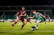 22 October 2023; Rory Gaffney of Shamrock Rovers in action against Jarlath Jones of Drogheda United during the SSE Airtricity Men's Premier Division match between Shamrock Rovers and Drogheda United at Tallaght Stadium in Dublin. Photo by Stephen McCarthy/Sportsfile
