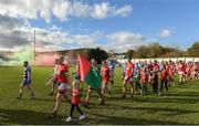 22 October 2023; Theo Smyth captain of Rathnew leads his team-mates in the prade before the Wicklow County Senior Club Football Championship final between Blessington and Rathnew at Echelon Park in Aughrim, Wicklow. Photo by Matt Browne/Sportsfile