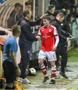 23 October 2023; Kian Leavy of St Patrick's Athletic shakes hands with manager Jon Daly after he is substituted during the SSE Airtricity Premier Division match between St Patrick's Athletic and Sligo Rovers at Richmond Park in Dublin. Photo by Piaras Ó Mídheach/Sportsfile