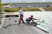26 October 2023; Team Ireland rowers Zoe Hyde, left, and Alison Bergin during a Team Ireland rowing training camp at Vaires Sur Marne in Paris, France. The Nautical Stadium at Vaires-sur-Marne will host the Olympic and Paralympic rowing and canoe-kayak events at the 2024 Paris Olympic Games. Photo by Brendan Moran/Sportsfile