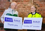 24 October 2023; Assistant Commissioner Angela Willis, Dublin Metropolitan Region, and Jim Aughney, Dublin Marathon Race Director, pictured at Dublin Castle in advance of the Irish Life Dublin Marathon, which will take place on Sunday, the 29th of October. Photo by Sam Barnes/Sportsfile