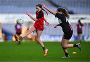 24 October 2023; Clodagh Byrne of Bayside SNS in action against Lauren Brennan of Rolestown NS during the match between Rolestown NS and Bayside SNS at the Allianz Cumann na mBunscol Finals at Croke Park in Dublin. Photo by Ben McShane/Sportsfile