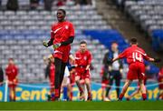 24 October 2023; Gabriel Afolabi of St Benedict's National School celebrates after his side scored a goal during the match between St Mochta's NS and St Benedict's National School at the Allianz Cumann na mBunscol Finals at Croke Park in Dublin. Photo by Ben McShane/Sportsfile