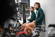 24 October 2023; Jamie Finn, right, and Saoirse Noonan during a Republic of Ireland women gym and prehab session at the National Indoor Arena on the Sport Ireland Campus in Dublin. Photo by Stephen McCarthy/Sportsfile
