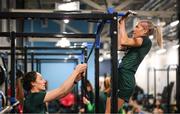 24 October 2023; Denise O'Sullivan and Megan Campbell, left, during a Republic of Ireland women gym and prehab session at the National Indoor Arena on the Sport Ireland Campus in Dublin. Photo by Stephen McCarthy/Sportsfile