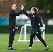 24 October 2023; Interim assistant coach Colin Healy and goalkeeper Courtney Brosnan during a Republic of Ireland women training session at the FAI National Training Centre in Abbotstown, Dublin. Photo by Stephen McCarthy/Sportsfile