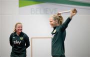 25 October 2023; Amber Barrett, left, and Diane Caldwell during a Republic of Ireland women prehab and gym session at the Sport Ireland Institute on the Sport Ireland Campus in Dublin. Photo by Stephen McCarthy/Sportsfile