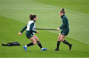 25 October 2023; Abbie Larkin, left, and Sinead Farrelly during a Republic of Ireland women training session at the FAI National Training Centre in Abbotstown, Dublin. Photo by Stephen McCarthy/Sportsfile