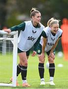 25 October 2023; Chloe Mustaki and Diane Caldwell, right, during a Republic of Ireland women training session at the FAI National Training Centre in Abbotstown, Dublin. Photo by Stephen McCarthy/Sportsfile