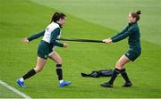 25 October 2023; Abbie Larkin, left, and Sinead Farrelly during a Republic of Ireland women training session at the FAI National Training Centre in Abbotstown, Dublin. Photo by Stephen McCarthy/Sportsfile