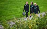 25 October 2023; Players, from left, Courtney Brosnan, Megan Campbell and Erin McLaughlin arrive for a Republic of Ireland women training session at the FAI National Training Centre in Abbotstown, Dublin. Photo by Stephen McCarthy/Sportsfile