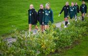25 October 2023; Players, from left, Lily Agg, Jamie Finn and Hayley Nolan arrive for a Republic of Ireland women training session at the FAI National Training Centre in Abbotstown, Dublin. Photo by Stephen McCarthy/Sportsfile