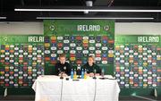 26 October 2023; Interim head coach Eileen Gleeson and Denise O'Sullivan during a Republic of Ireland women press conference at Tallaght Stadium in Dublin. Photo by Stephen McCarthy/Sportsfile