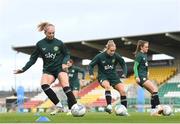 26 October 2023; Players, from left, Hayley Nolan, Lily Agg and Heather Payne during a Republic of Ireland women training session at Tallaght Stadium in Dublin. Photo by Stephen McCarthy/Sportsfile