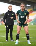 26 October 2023; Interim head coach Eileen Gleeson and Chloe Mustaki during a Republic of Ireland women training session at Tallaght Stadium in Dublin. Photo by Stephen McCarthy/Sportsfile