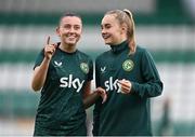 26 October 2023; Abbie Larkin, left, and Izzy Atkinson during a Republic of Ireland women training session at Tallaght Stadium in Dublin. Photo by Stephen McCarthy/Sportsfile