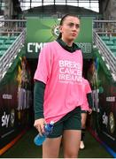 26 October 2023; Abbie Larkin wearing a pink t-shirt to promote Breast Cancer Ireland's awareness month during a Republic of Ireland women training session at Tallaght Stadium in Dublin. Photo by Stephen McCarthy/Sportsfile