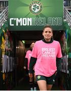 26 October 2023; Chloe Mustaki wearing a pink t-shirt to promote Breast Cancer Ireland's awareness month during a Republic of Ireland women training session at Tallaght Stadium in Dublin. Photo by Stephen McCarthy/Sportsfile