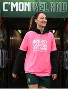 26 October 2023; Megan Campbell wearing a pink t-shirt to promote Breast Cancer Ireland's awareness month during a Republic of Ireland women training session at Tallaght Stadium in Dublin. Photo by Stephen McCarthy/Sportsfile