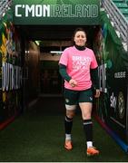 26 October 2023; Lucy Quinn wearing a pink t-shirt to promote Breast Cancer Ireland's awareness month during a Republic of Ireland women training session at Tallaght Stadium in Dublin. Photo by Stephen McCarthy/Sportsfile