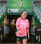 26 October 2023; Jamie Finn wearing a pink t-shirt to promote Breast Cancer Ireland's awareness month during a Republic of Ireland women training session at Tallaght Stadium in Dublin. Photo by Stephen McCarthy/Sportsfile