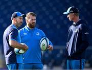 27 October 2023; Leinster coaches, from left, backs coach Andrew Goodman, contact skills coach Sean O'Brien and head coach Leo Cullen during a Leinster rugby captain's run at the RDS Arena in Dublin. Photo by Harry Murphy/Sportsfile