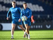 27 October 2023; Jordan Larmour, right, and Tommy O'Brien during a Leinster rugby captain's run at the RDS Arena in Dublin. Photo by Harry Murphy/Sportsfile
