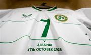 27 October 2023; The jersey of Diane Caldwell of Republic of Ireland before the UEFA Women's Nations League B match between Republic of Ireland and Albania at Tallaght Stadium in Dublin. Photo by Stephen McCarthy/Sportsfile