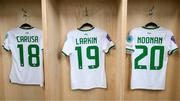 27 October 2023; The jerseys of Kyra Carusa, Abbie Larkin and Saoirse Noonan hang in the Republic of Ireland dressing room before the UEFA Women's Nations League B match between Republic of Ireland and Albania at Tallaght Stadium in Dublin. Photo by Stephen McCarthy/Sportsfile
