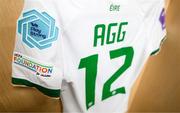 27 October 2023; The jersey of Lily Agg hangs in the Republic of Ireland dressing room before the UEFA Women's Nations League B match between Republic of Ireland and Albania at Tallaght Stadium in Dublin. Photo by Stephen McCarthy/Sportsfile