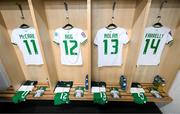 27 October 2023; The jerseys of Katie McCabe, Lily Agg, Hayley Nolan and Sinead Farrelly hang in the Republic of Ireland dressing room before the UEFA Women's Nations League B match between Republic of Ireland and Albania at Tallaght Stadium in Dublin. Photo by Stephen McCarthy/Sportsfile