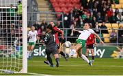 27 October 2023; Katie McCabe of Republic of Ireland shoots to score her side's first goal past Albania goalkeeper Viona Rexhepi during the UEFA Women's Nations League B match between Republic of Ireland and Albania at Tallaght Stadium in Dublin. Photo by Stephen McCarthy/Sportsfile