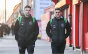 27 October 2023; Shamrock Rovers players Neil Farrugia, left, and Dylan Watts arrive before the SSE Airtricity Men's Premier Division match between St Patrick's Athletic and Shamrock Rovers at Richmond Park in Dublin. Photo by Seb Daly/Sportsfile