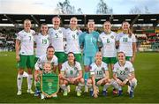27 October 2023; The Republic of Ireland team, back row, from left, Diane Caldwell, Abbie Larkin, Caitlin Hayes, Louise Quinn, Courtney Brosnan, Megan Connolly and Kyra Carusa; front row, from left, Katie McCabe, Tyler Toland, Denise O'Sullivan and Izzy Atkinson, before the UEFA Women's Nations League B match between Republic of Ireland and Albania at Tallaght Stadium in Dublin. Photo by Stephen McCarthy/Sportsfile