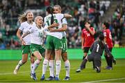 27 October 2023; Katie McCabe of Republic of Ireland is congratulated by Abbie Larkin after scoring their side's first goal during the UEFA Women's Nations League B match between Republic of Ireland and Albania at Tallaght Stadium in Dublin. Photo by David Fitzgerald/Sportsfile