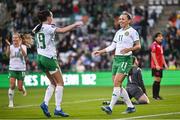 27 October 2023; Katie McCabe of Republic of Ireland, right, celebrates with Abbie Larkin, after scoring their side's first goal during the UEFA Women's Nations League B match between Republic of Ireland and Albania at Tallaght Stadium in Dublin. Photo by David Fitzgerald/Sportsfile