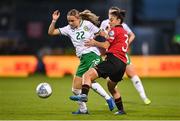 27 October 2023; Izzy Atkinson of Republic of Ireland in action against Arbenita Curraj of Albania during the UEFA Women's Nations League B match between Republic of Ireland and Albania at Tallaght Stadium in Dublin. Photo by David Fitzgerald/Sportsfile
