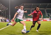 27 October 2023; Abbie Larkin of Republic of Ireland in action against Qendresa Krasniqi of Albania during the UEFA Women's Nations League B match between Republic of Ireland and Albania at Tallaght Stadium in Dublin. Photo by Stephen McCarthy/Sportsfile