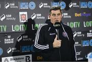 27 October 2023; Bohemians manager Declan Devine is interviewed by LOITV before the SSE Airtricity Men's Premier Division match between Dundalk and Bohemians at Oriel Park in Dundalk, Louth. Photo by Ben McShane/Sportsfile