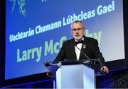 27 October 2023; Uachtarán Chumann Lúthchleas Gael Larry McCarthy speaking during the GAA Champion 15 Awards Croke Park in Dublin. Photo by Matt Browne/Sportsfile