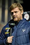 27 October 2023; Shelbourne manager Damien Duff is interviewed for LOITV before the SSE Airtricity Men's Premier Division match between Shelbourne and UCD at Tolka Park in Dublin. Photo by Tyler Miller/Sportsfile